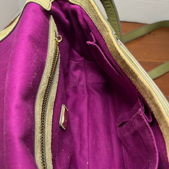 Brian Atwood Snakeskin Saddle crossbody Purse made w/ goat&lamb Green 10”x8” - Picture 9 of 16